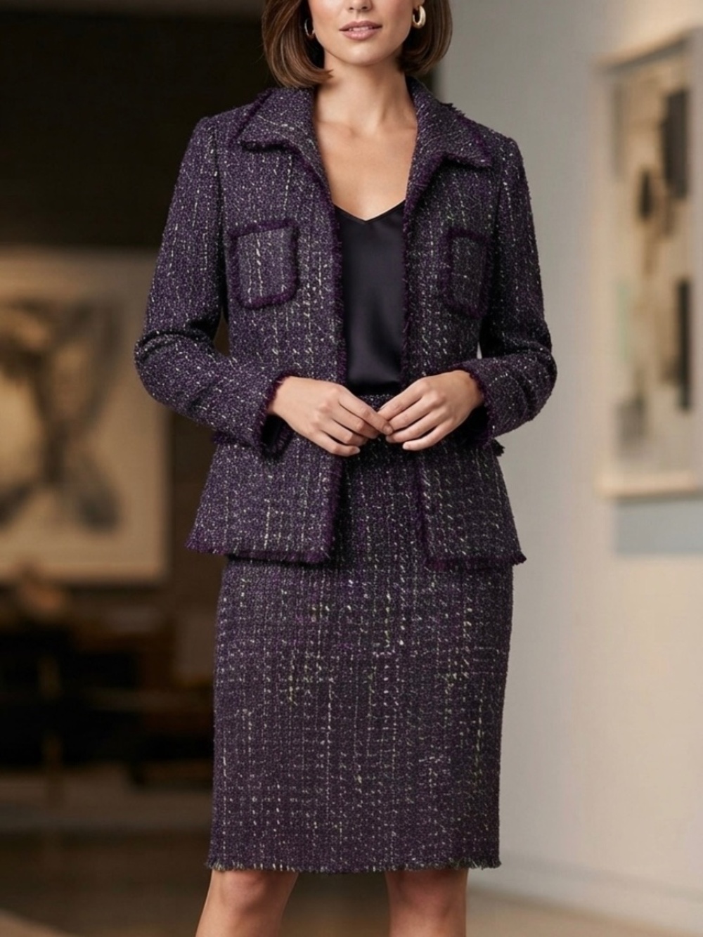 WORTH Women's 14 Purple Tweed Fringe Wool Silk Pencil Skirt Jacket Suit